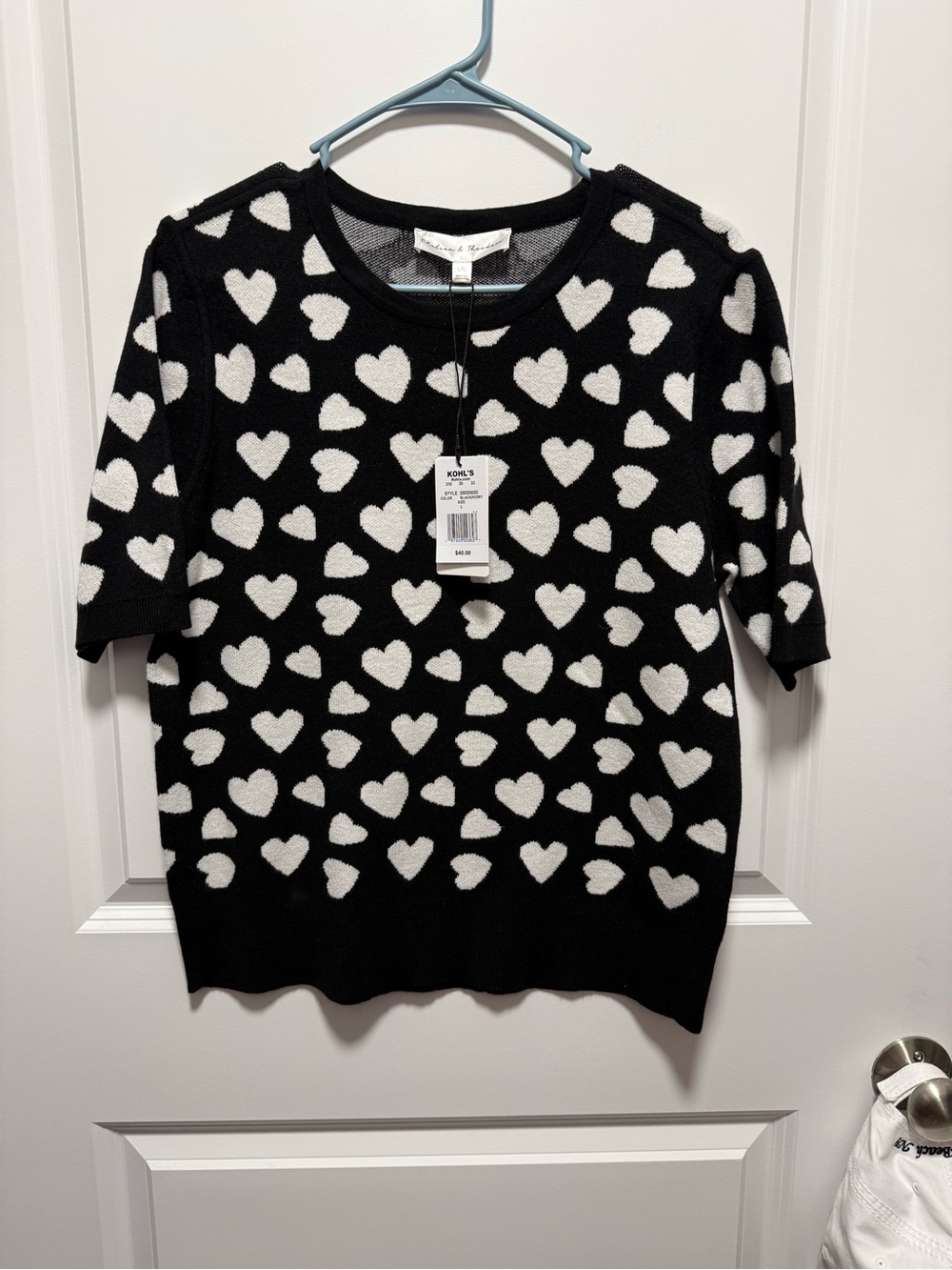 Kohl's Black Crewneck Sweater with White Heart Print